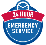 A logo for 24-hour emergency service at Apex Roofing & Restoration.